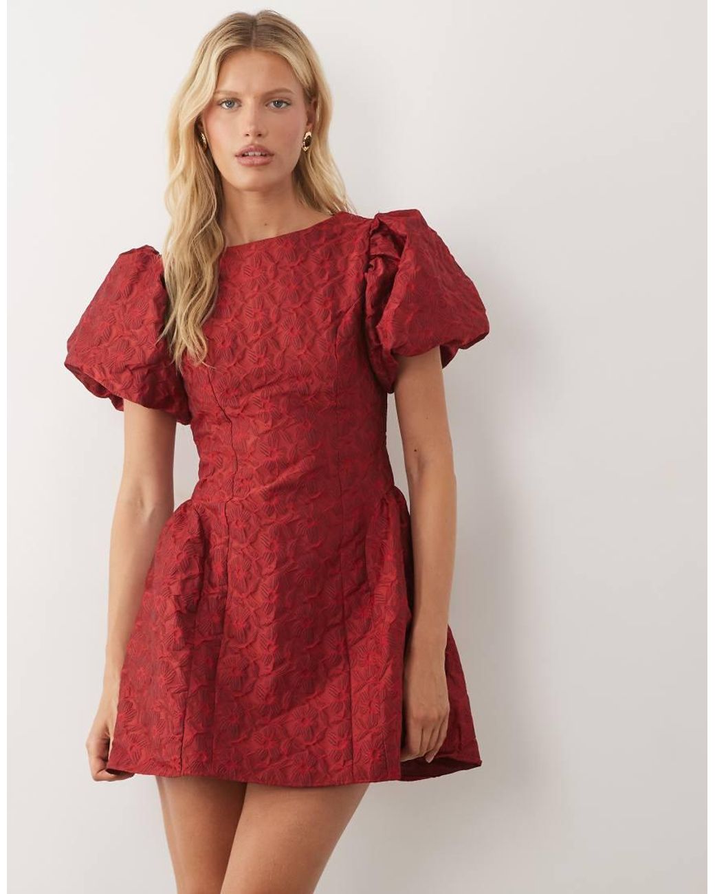 Sister Jane Red Bilberry Exclusive Jacquard Round Neck Puff Sleeve Mini Dress