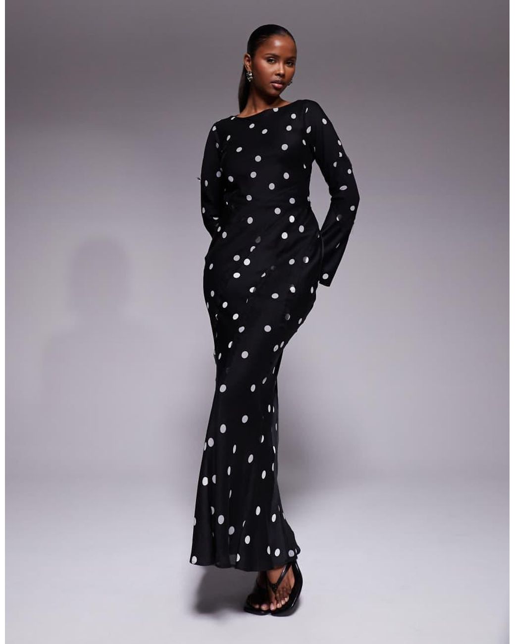ASOS Black Satin Slash Neck Long Sleeve Maxi Dress With Raw Edge Panel Detail
