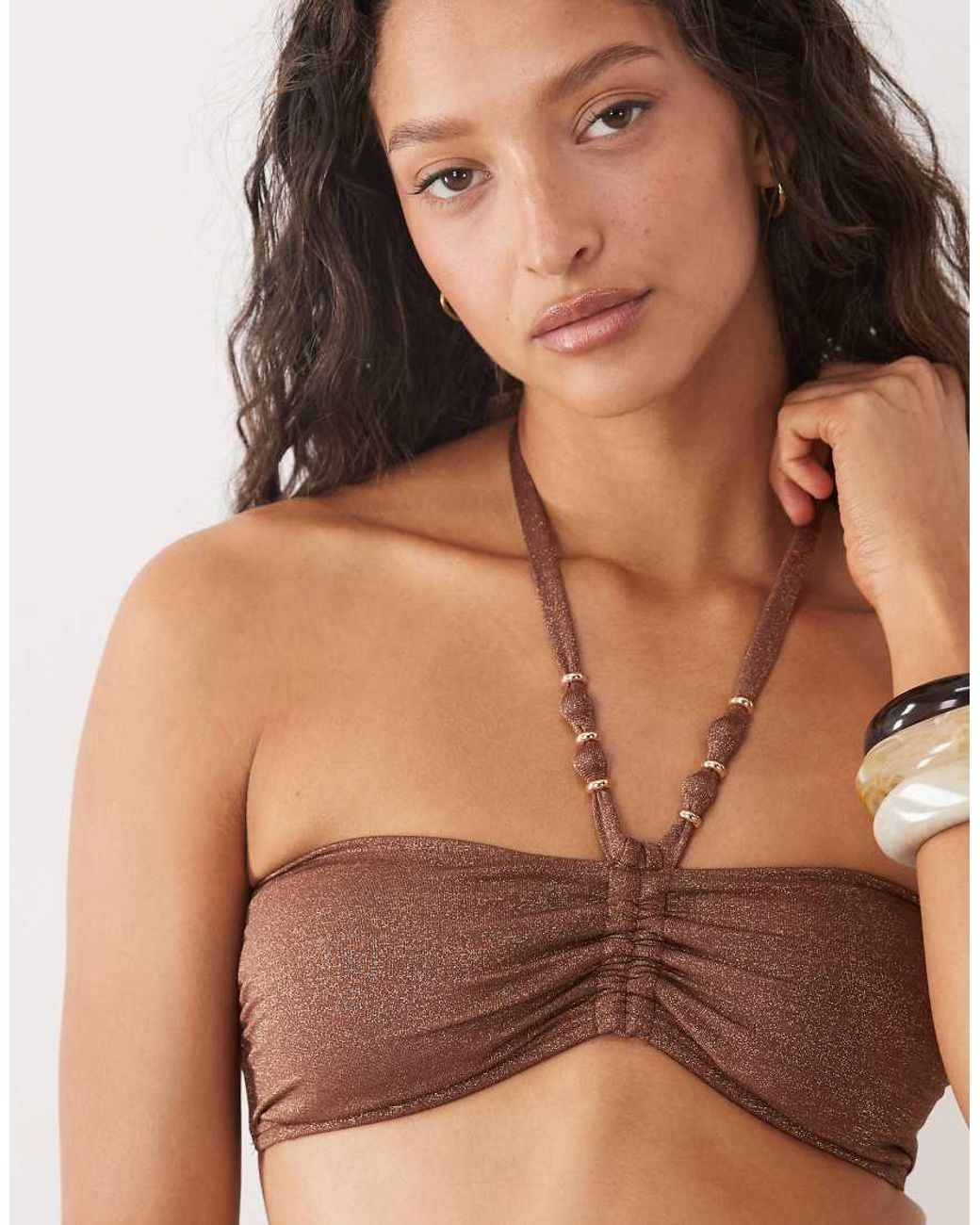New Look Brown Glitter Beaded Bandeau Bikini Top