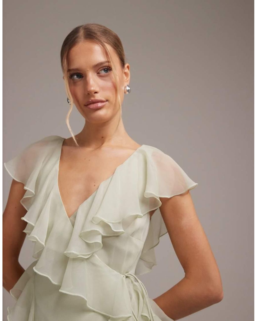 ASOS Gray Bridesmaids Wrap Front Ruffle Maxi Dress