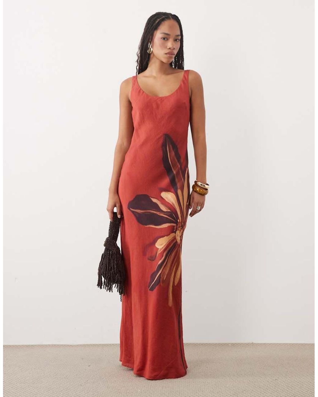 ASOS Red Scoop Neck Shift Maxi Dress With Placement Floral Print