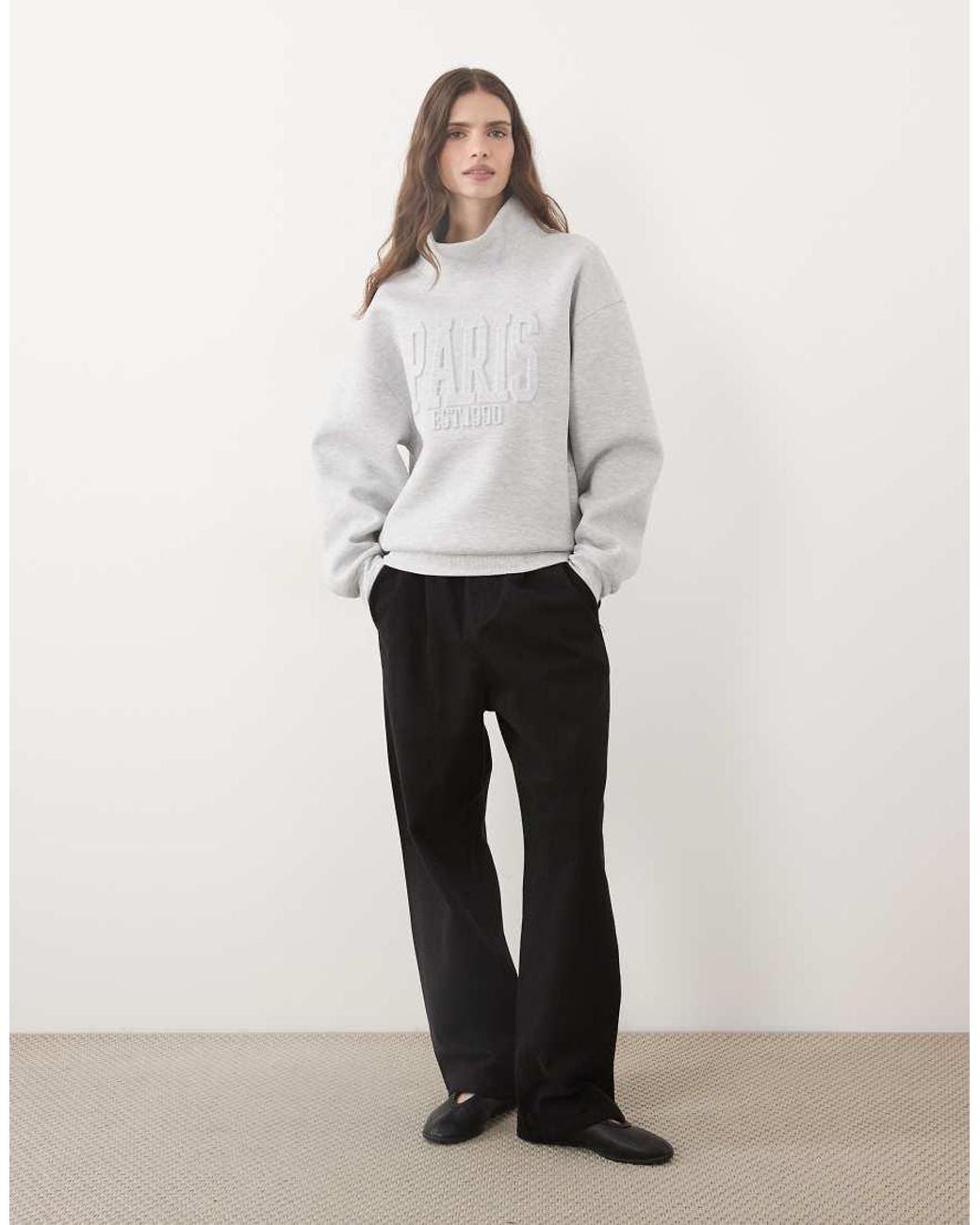 ASOS Gray Embossed 'Paris' Funnel Neck Sweatshirt