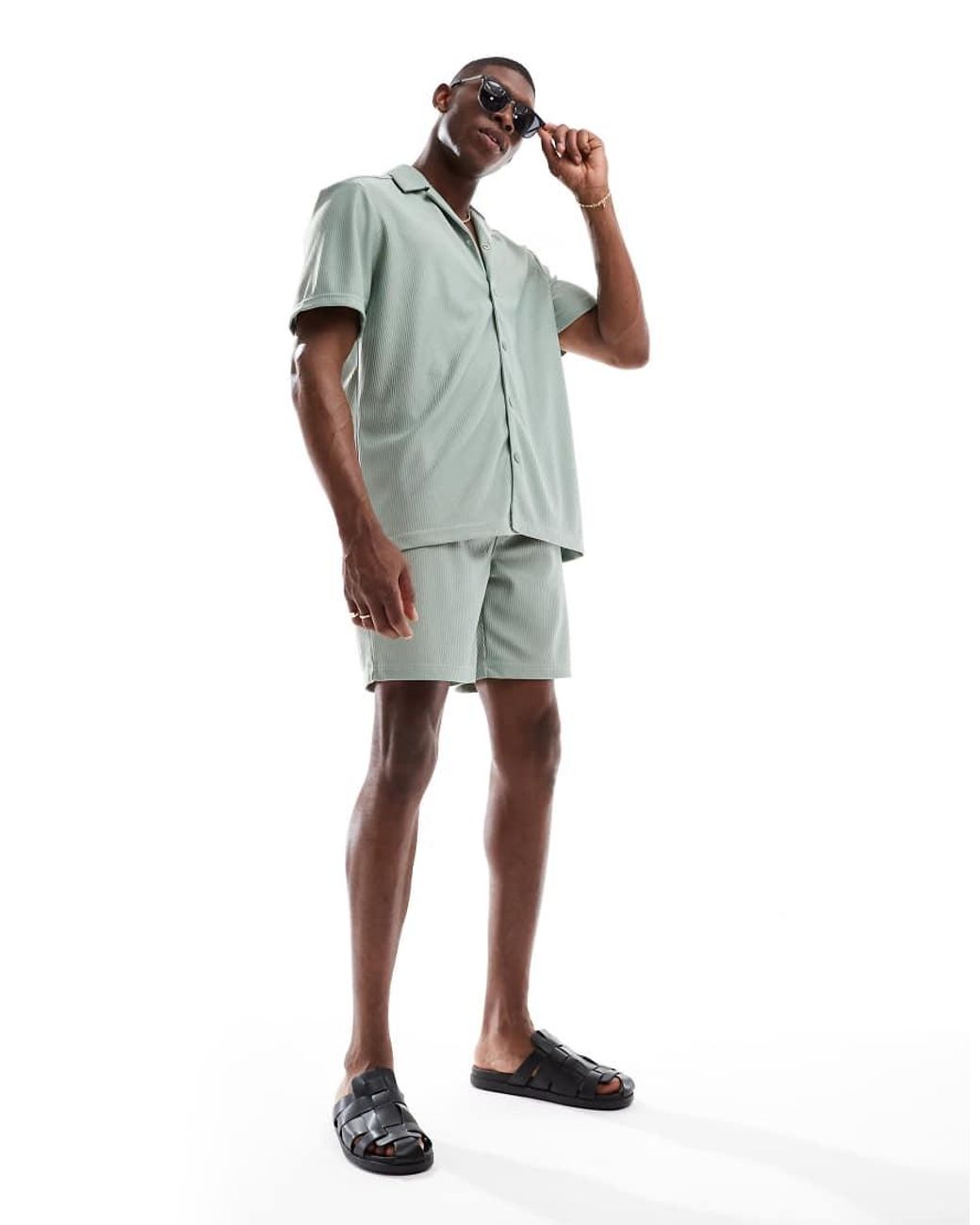 Only & Sons Blue Plisse Revere Collar Shirt Co-Ord for men