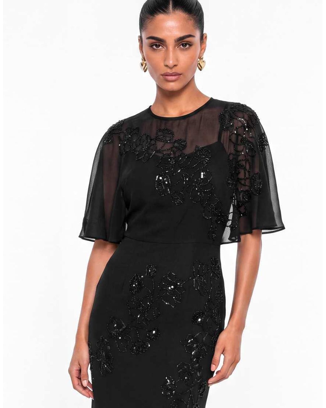 Maya Black Floral Embellished Cape Sleeve Maxi Dress