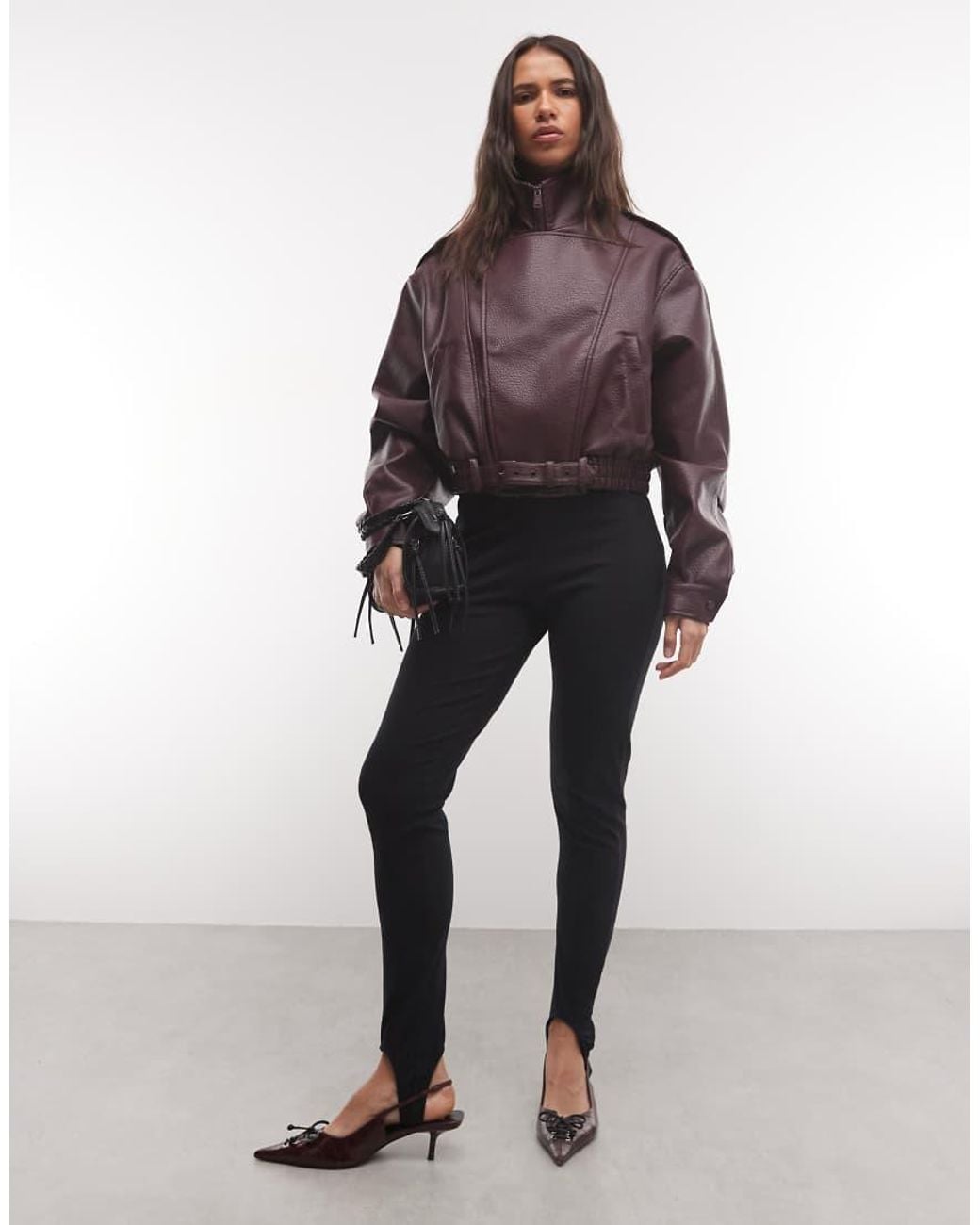 CERNUCCI Purple Textured Faux Leather Funnel Neck Biker Jacket
