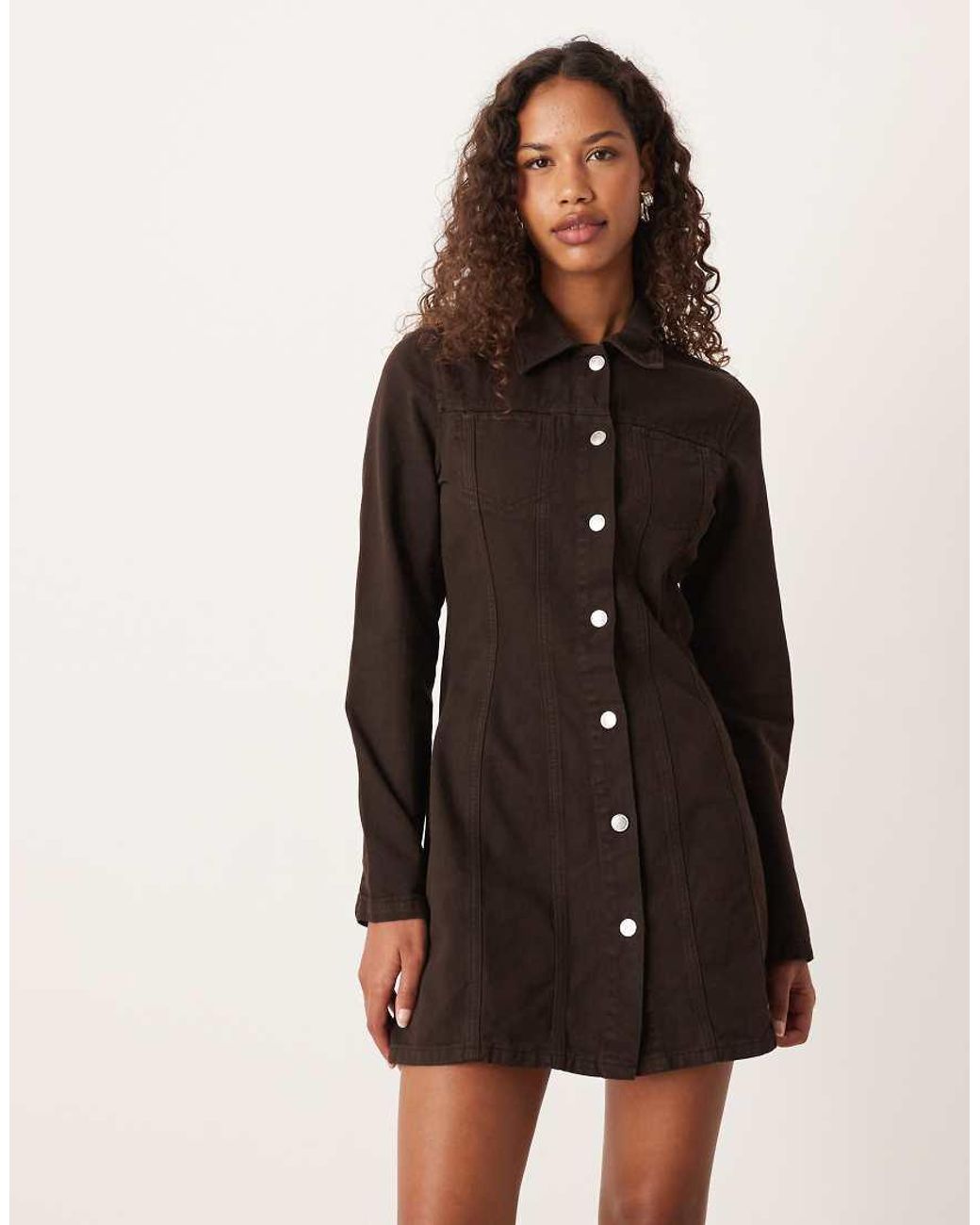 ASOS Natural Denim Long Sleeve Fit And Flare Mini Dress