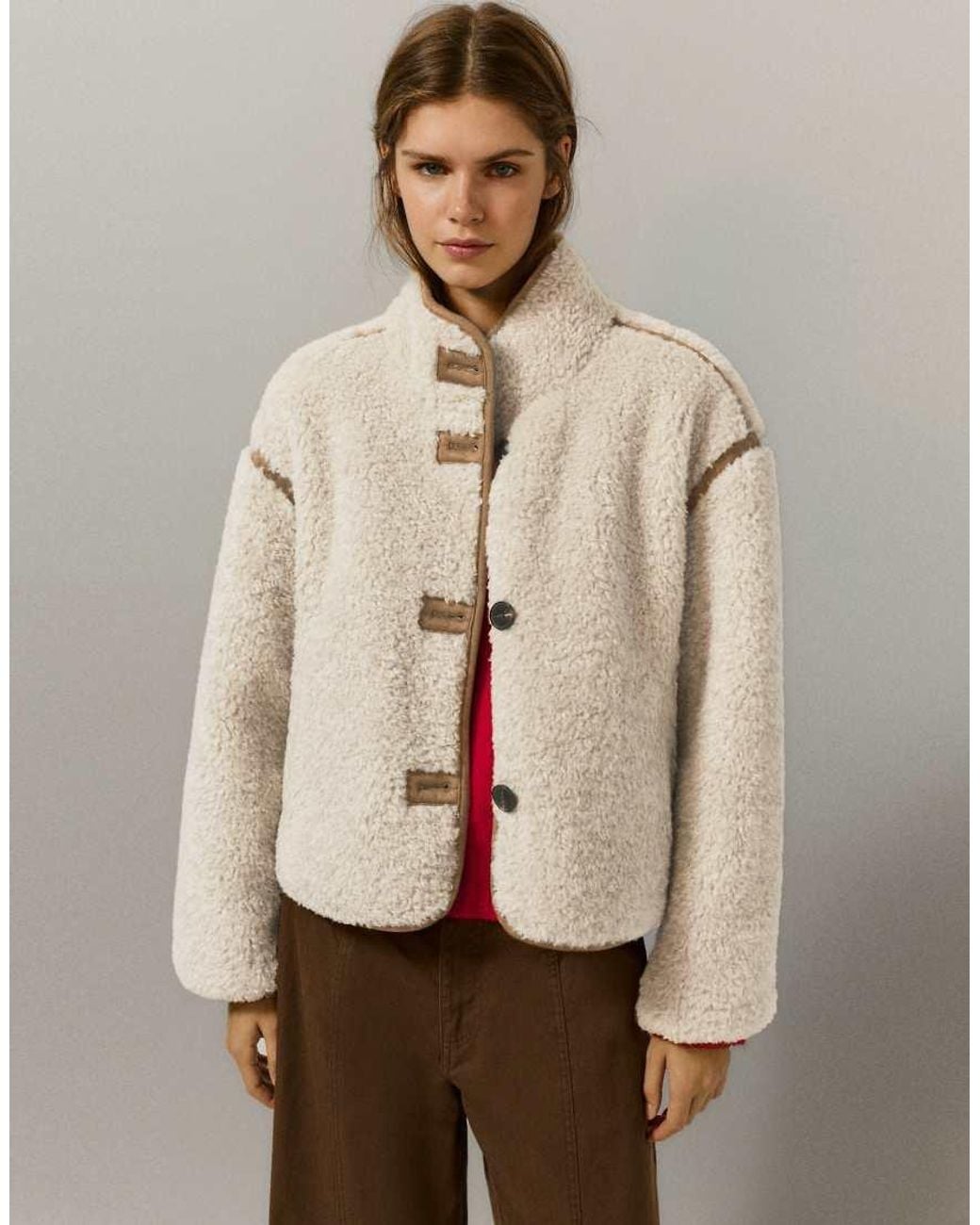 Pull&Bear Natural Faux Shearling High Neck Jacket