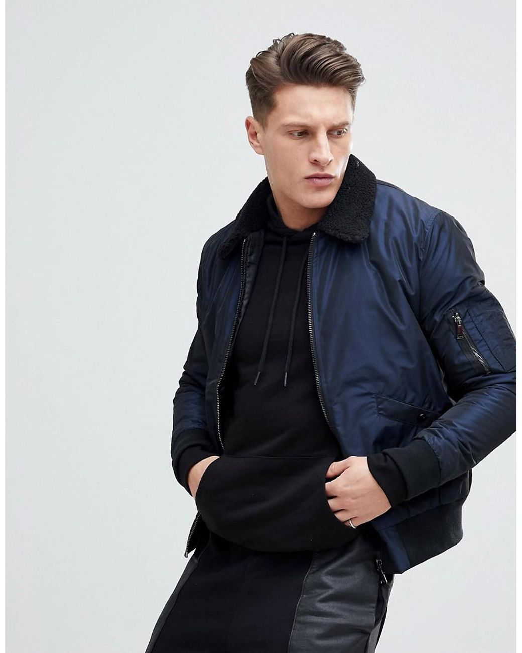 New Look Bomber Jacket With Borg Collar In Navy in Blue for Men | Lyst ...