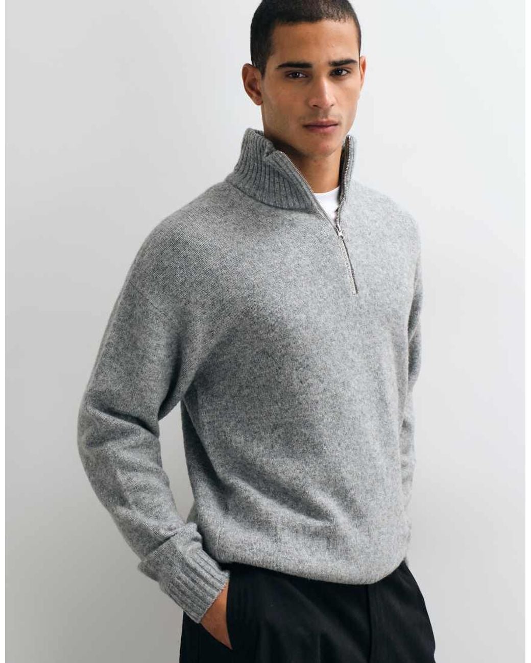 Jack & Jones Gray Oversized Fluffy 1/4 Zip Jumper for men