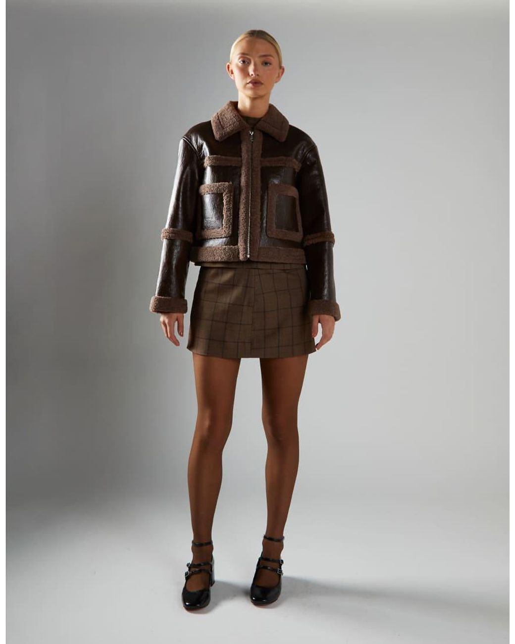 Glamorous Brown Faux Leather Aviator Jacket