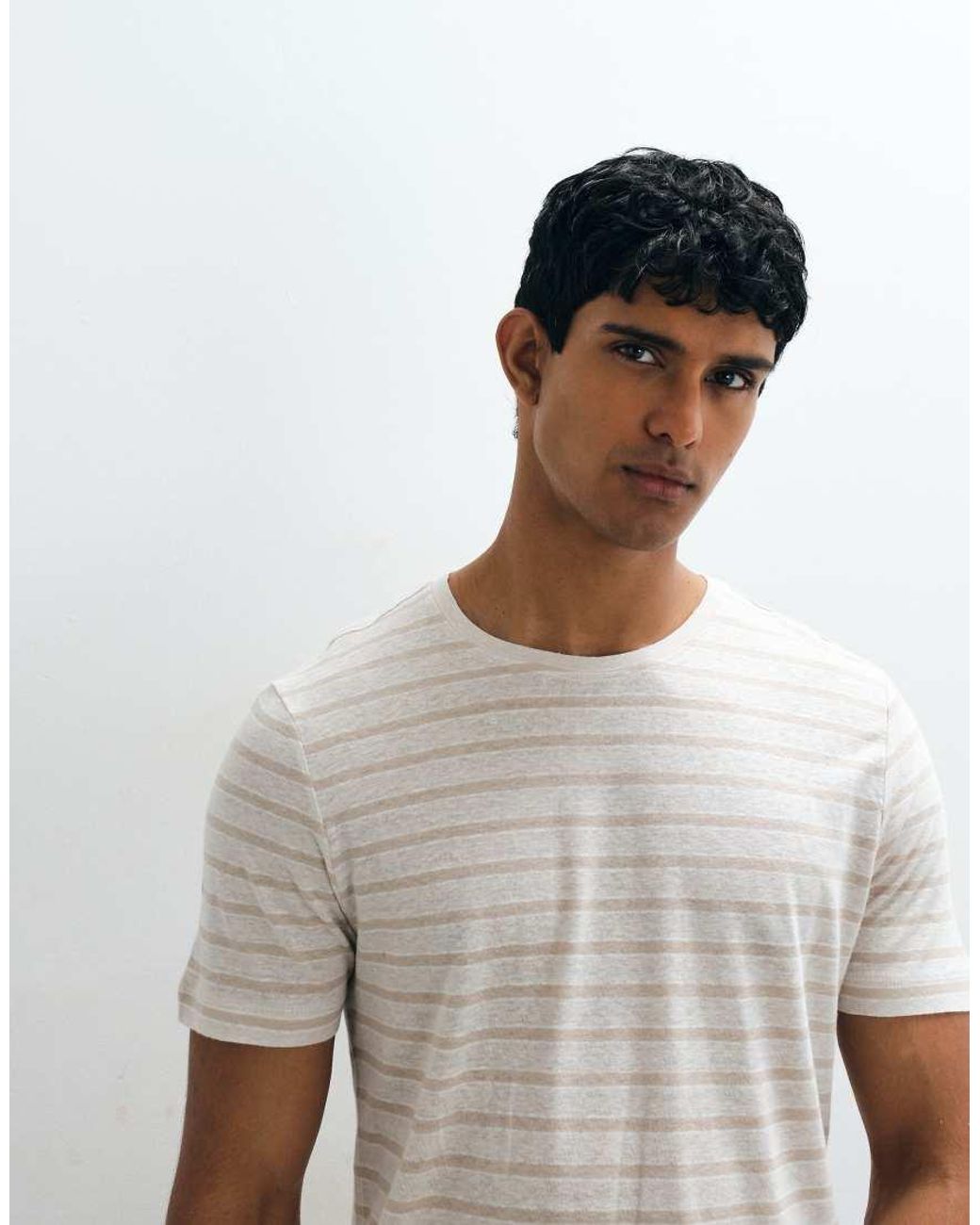 Mango White Linen Mix Striped T-Shirt for men