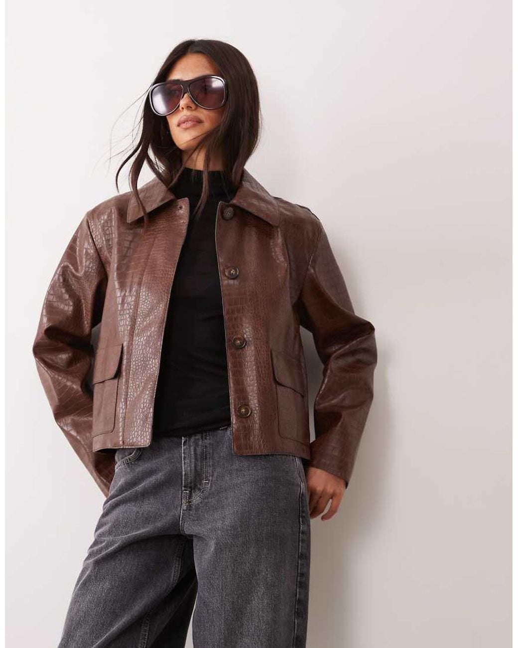 Mango Brown Faux Croc Leather Jacket