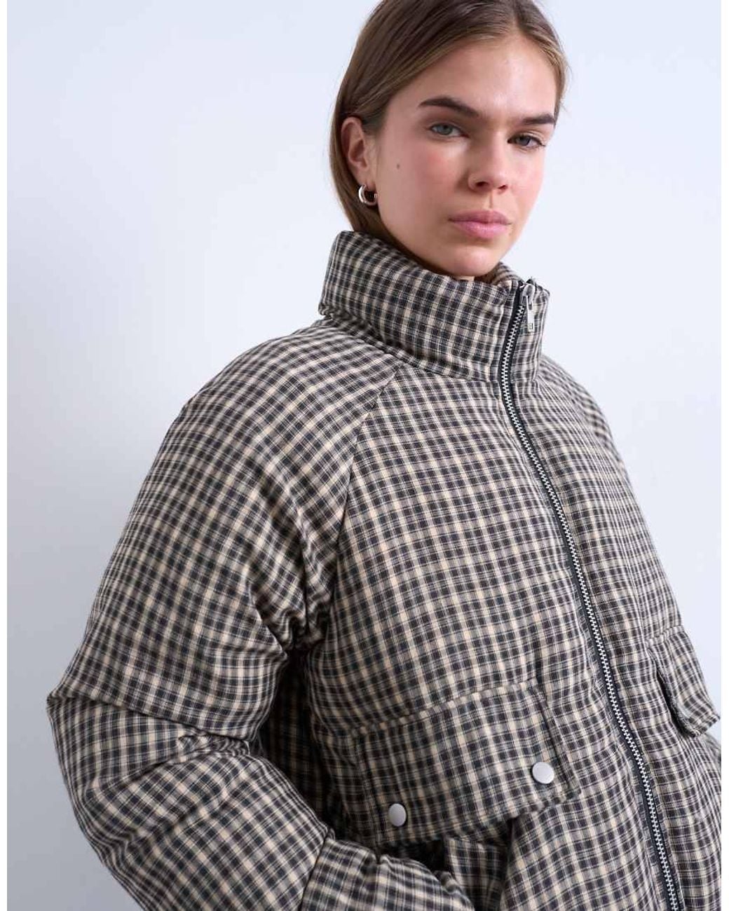 TOPSHOP Gray Micro Check Funnel Neck Puffer Jacket