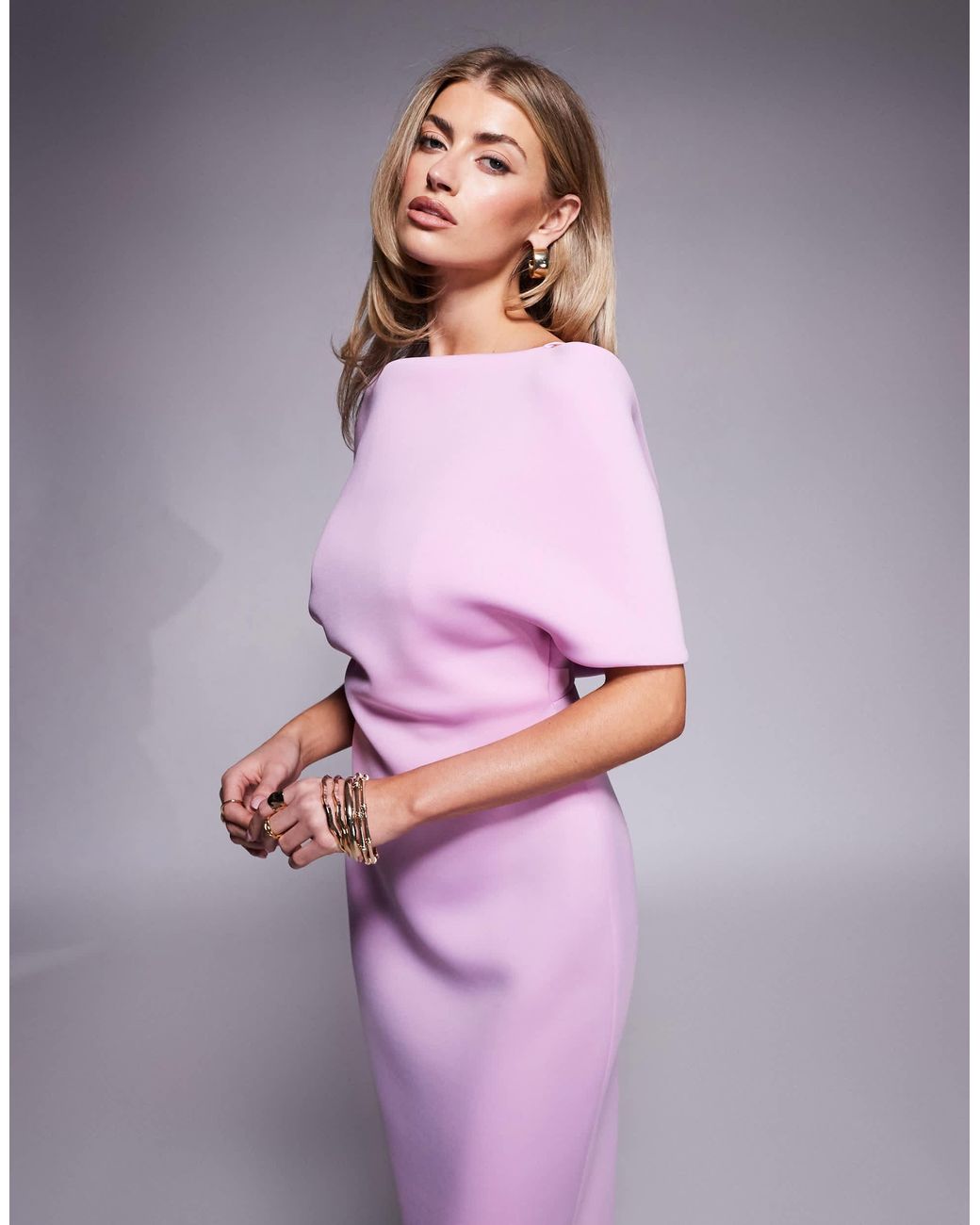ASOS Deep Bardot Midi Dress With Cape Back Detail in Purple | Lyst