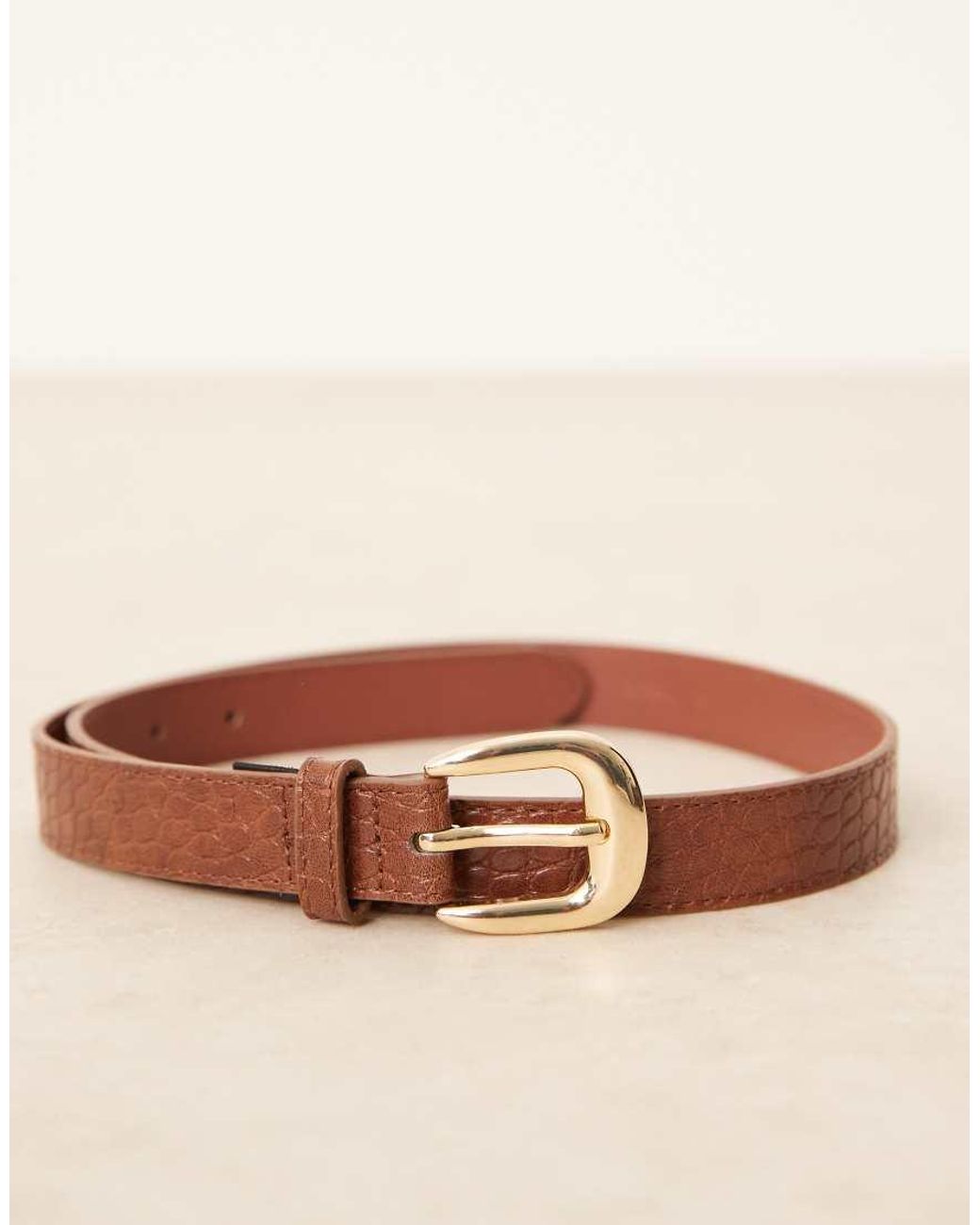 Mango Brown Faux Croc Belt With Gold Buckle