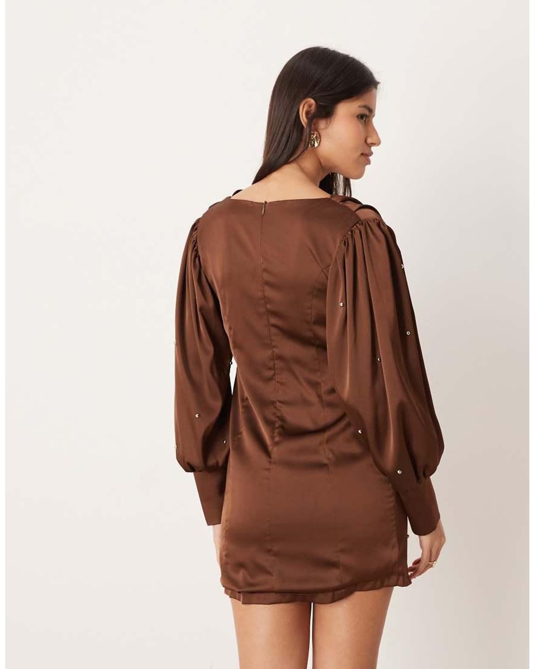 Ghospell Brown Cowl Front Balloon Sleeve Satin Studded Mini Dress