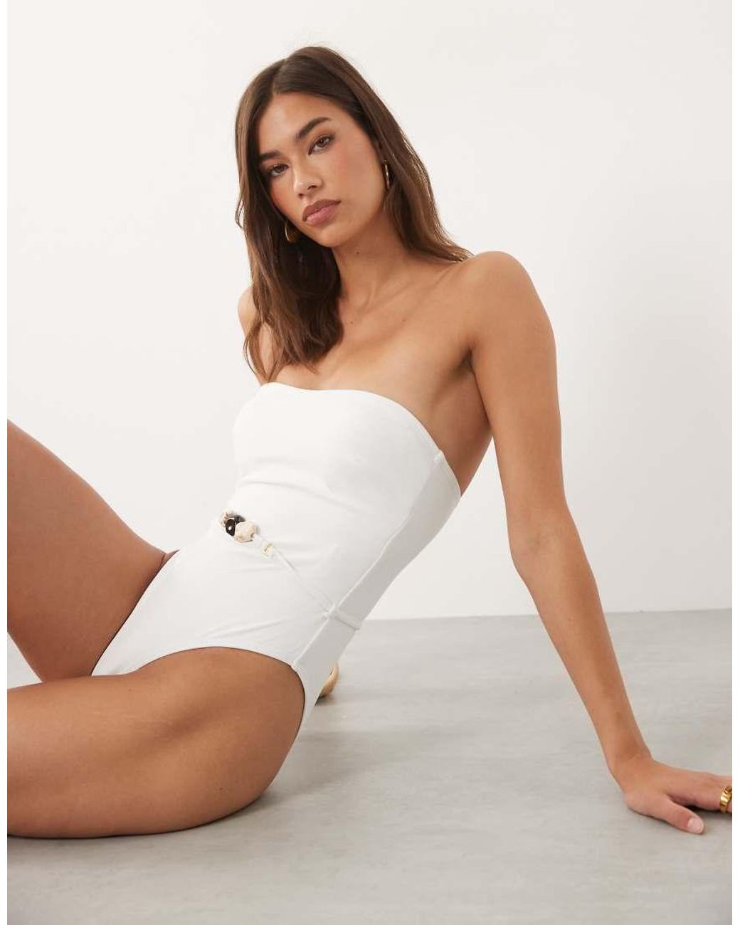 4th & Reckless Natural Bandeau Resin Belt Detail High Leg Swimsuit