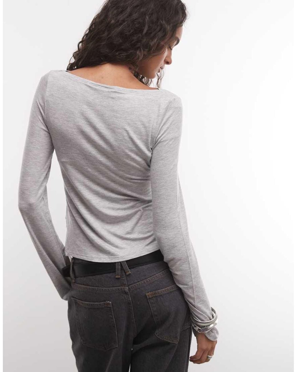 Weekday Gray Annie Boat Neck Long Sleeve Top