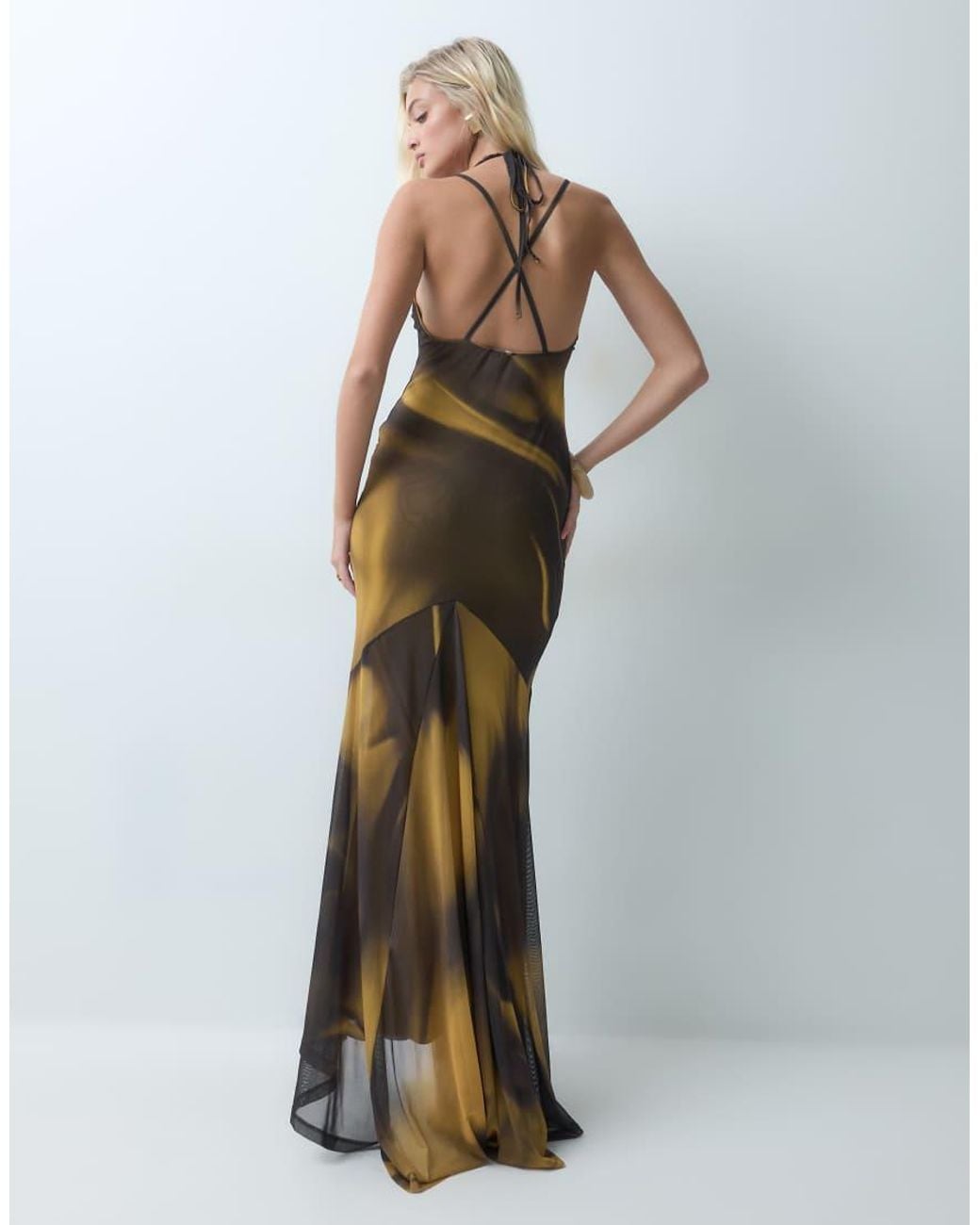 ASOS Multicolor Printed Mesh Halter Maxi Dress With Cutout Detail