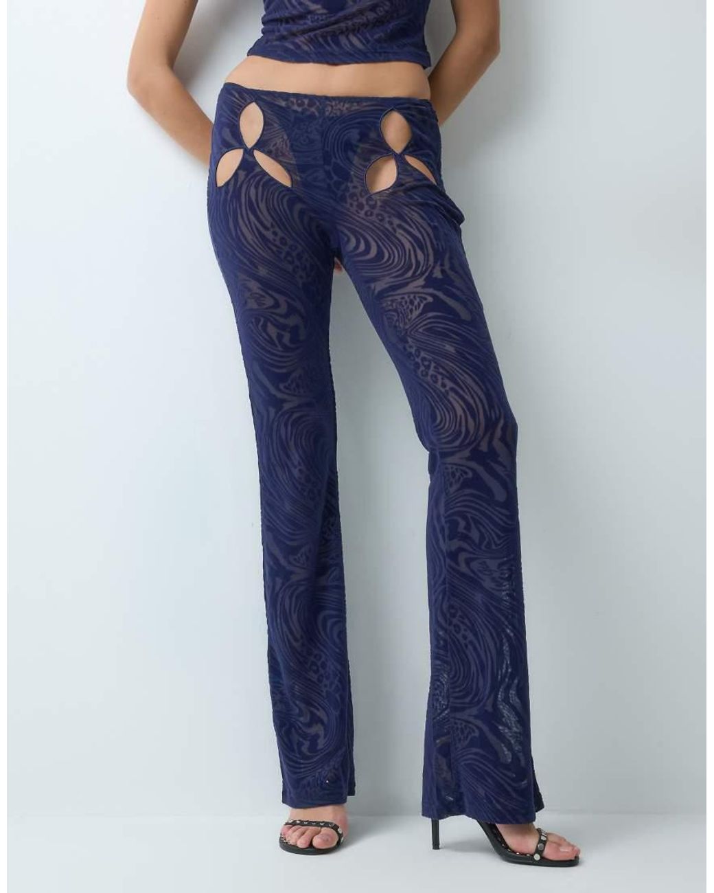 I.AM.GIA Blue Amina Sheer Mesh Devore Floral Cutout Pants Co-ord