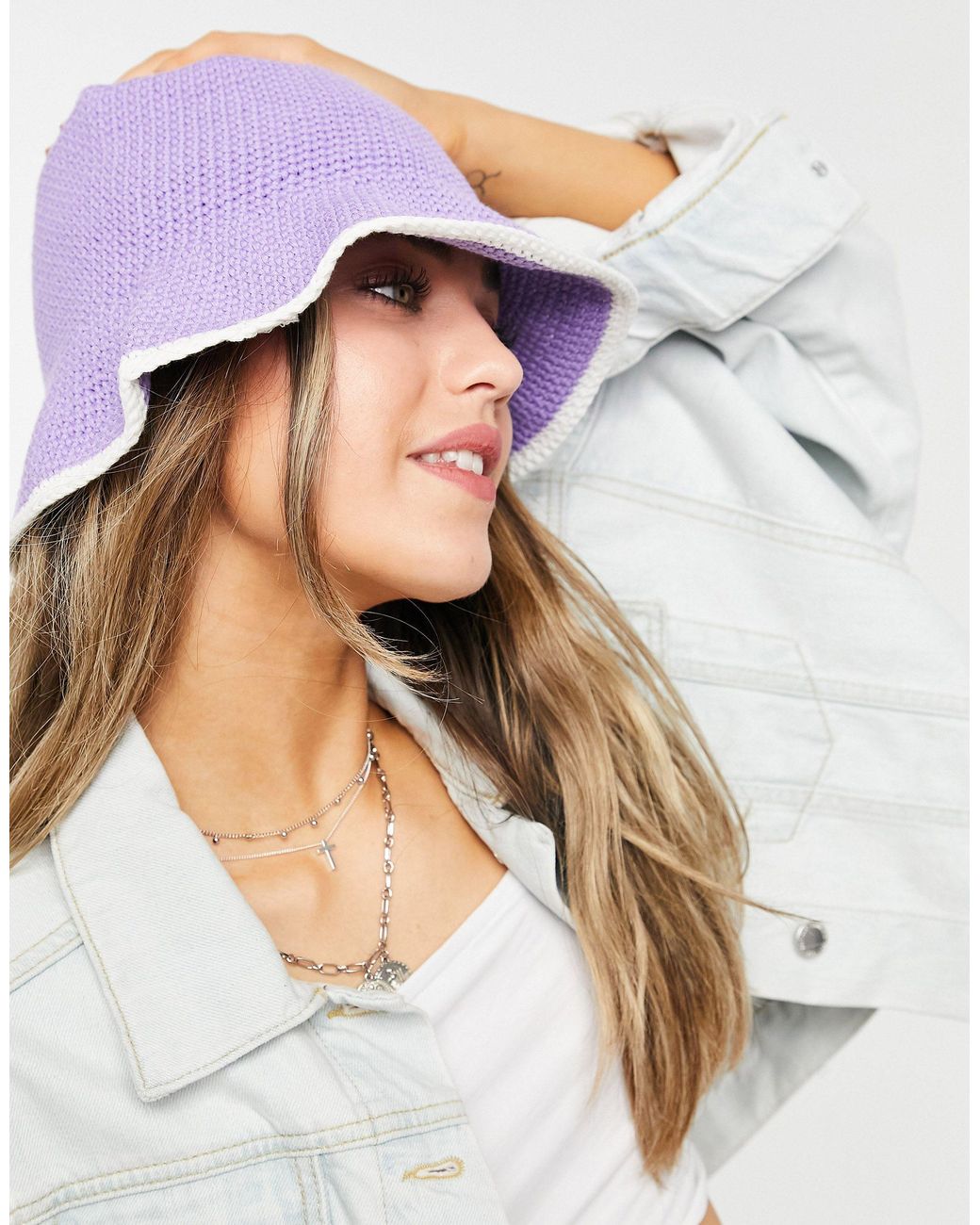 ASOS Crochet Knit Bucket Hat in Purple 