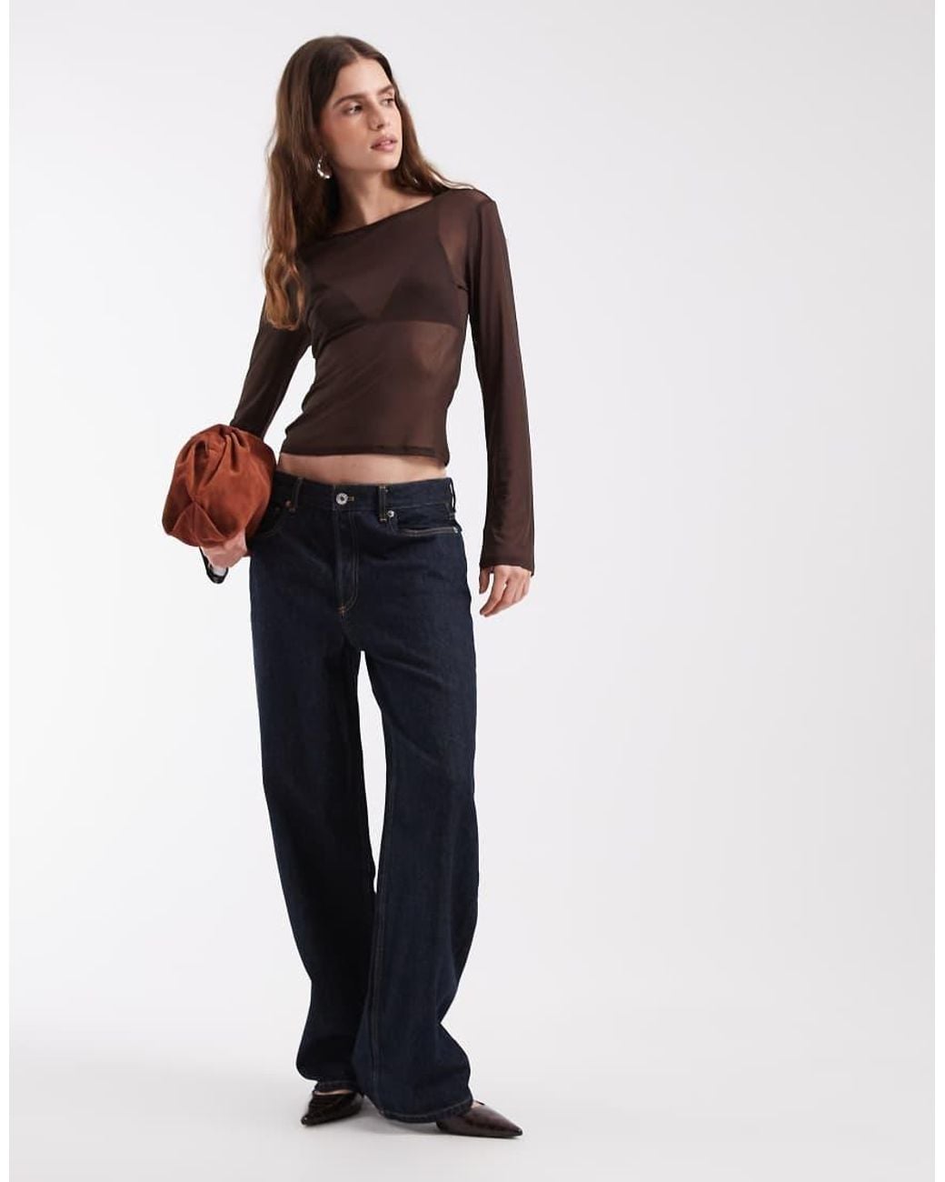ONLY Brown Crew Neck Long Sleeve Mesh Top