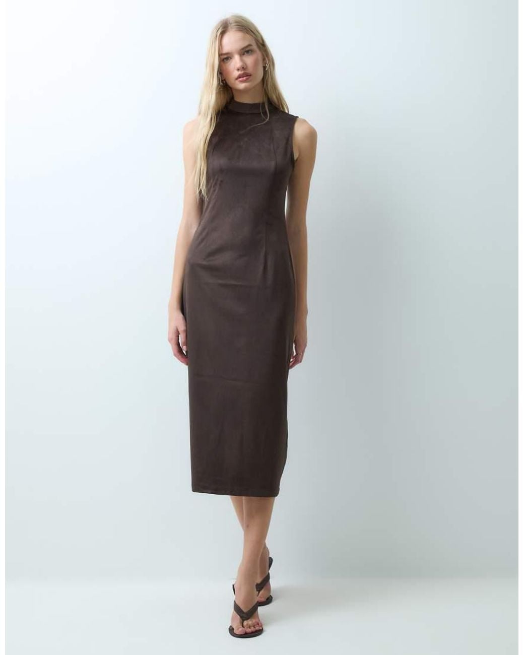 Vila Brown High Neck Faux Suede Maxi Dress