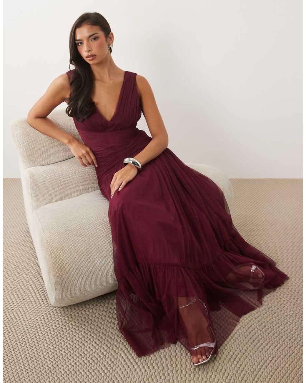 LACE & BEADS Purple Bridesmaid Tulle Sleeveless Dropped Waist Tiered Hem Maxi Dress