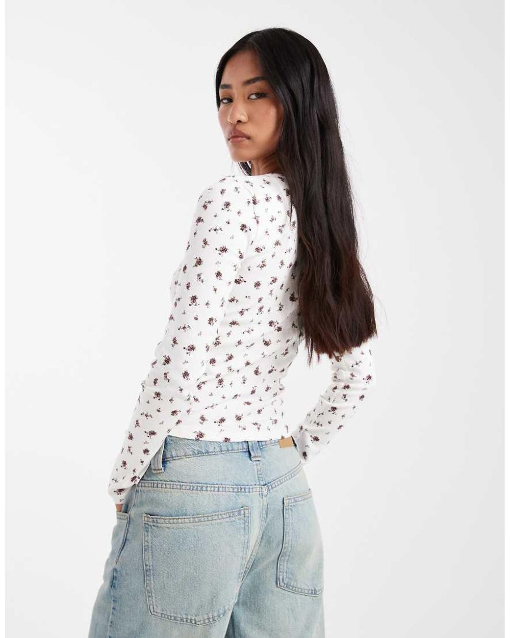 Miss Selfridge White Rib Crew Neck Top Ditsy Print
