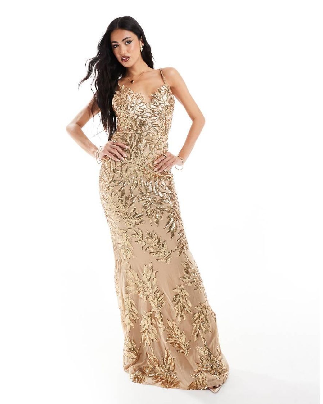 Goddiva Metallic Cross Back Diamante Strap Sequin Maxi