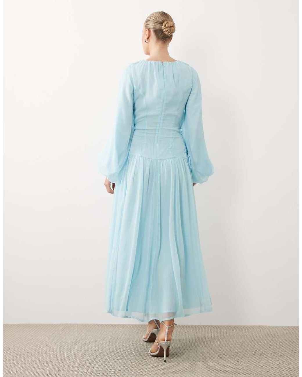ASOS Blue Long Sleeve Chiffon Tie Detail Maxi Dress