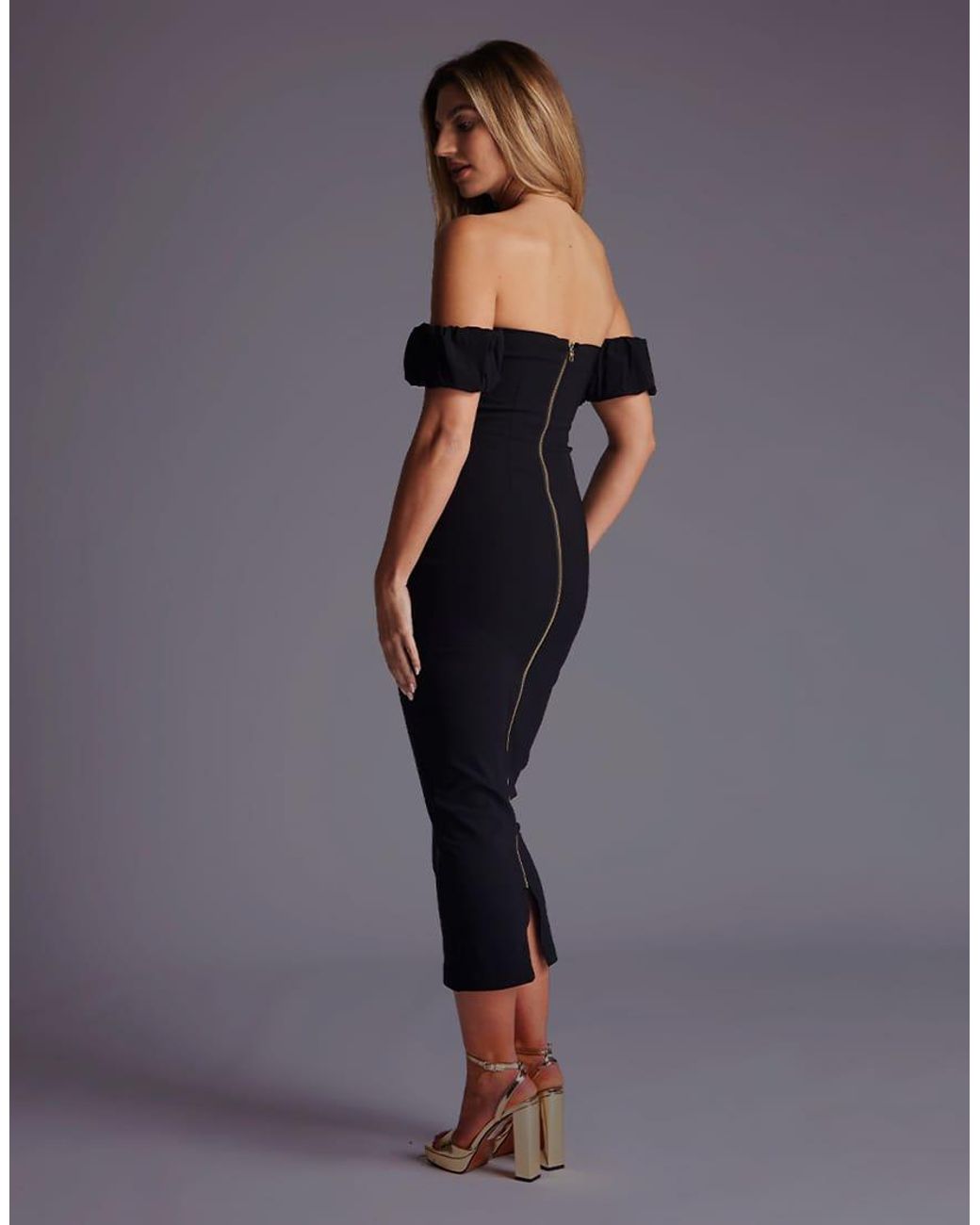 Vesper Blue Bardot Midaxi Dress With Puff Sleeves