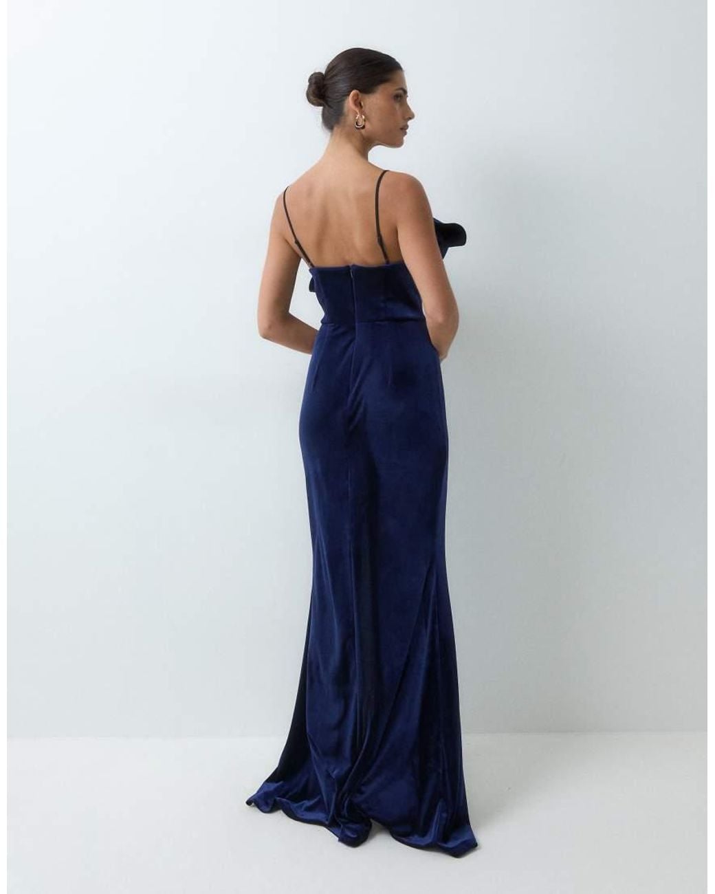 ASOS Blue Velvet Structured Neck Detail Maxi Dress With Split
