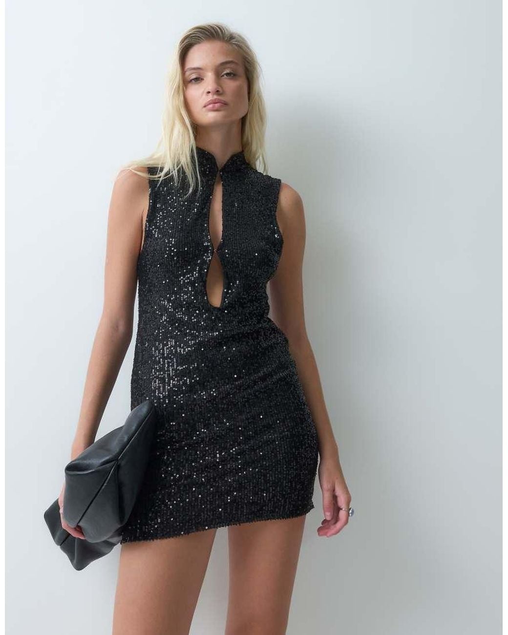 ASOS Black Sleeveless Mandarian Cut Out Sequin Mini Dress