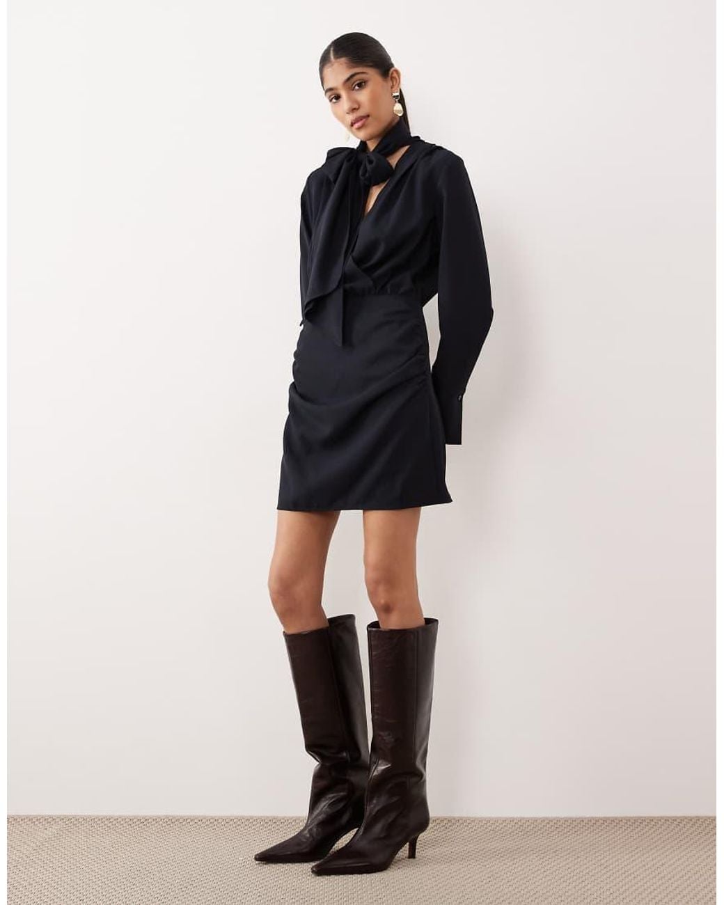 Mango Black Tie Neck Long Sleeve Mini Dress