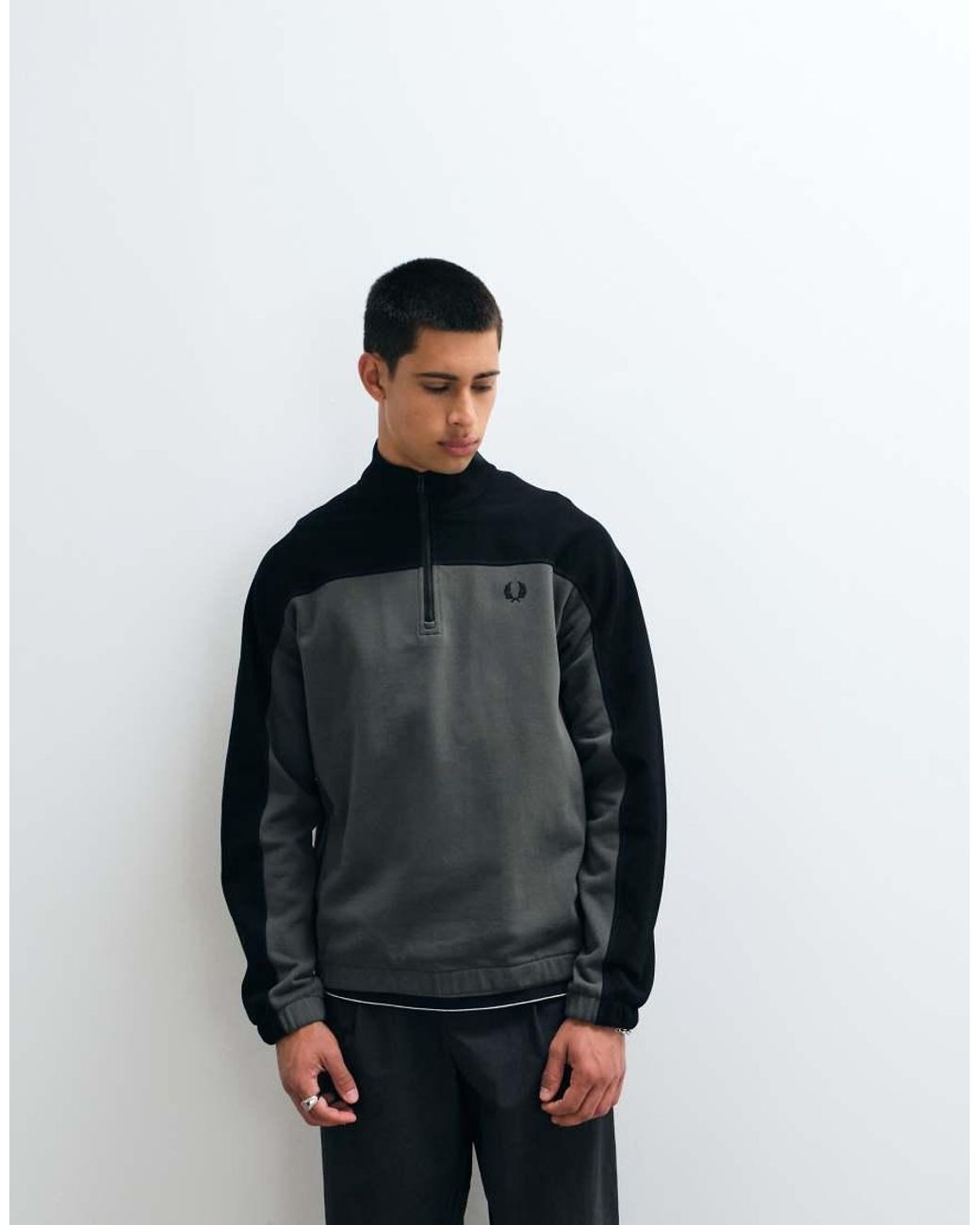 Fred Perry Blue Half Zip Colourblock Sweatshirt for men