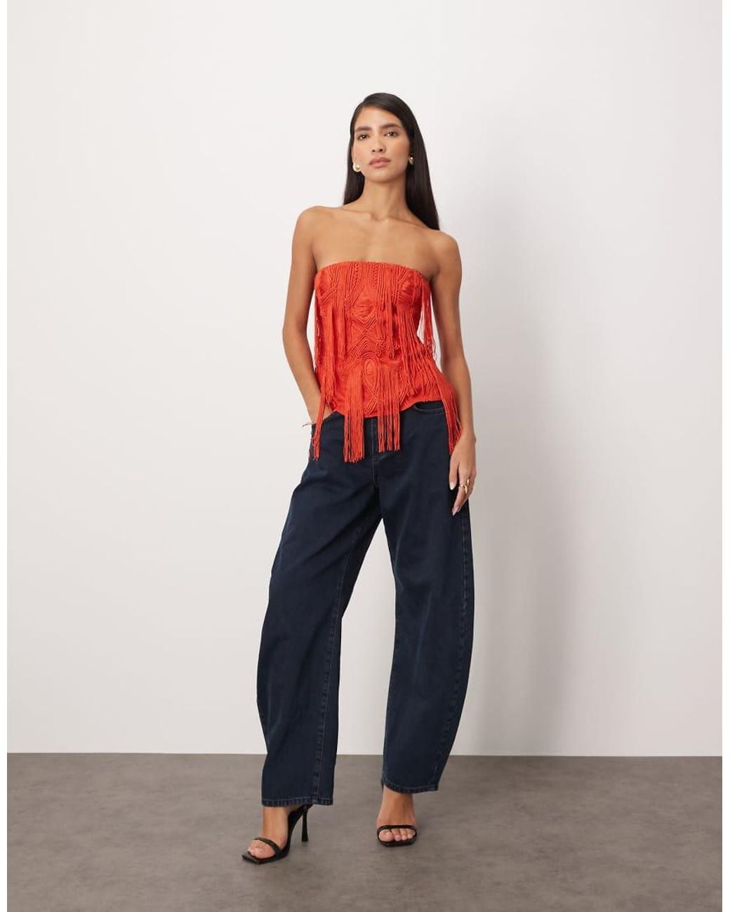 ARRANGE Red Embroide Cornelli Fringe Bandeau Top