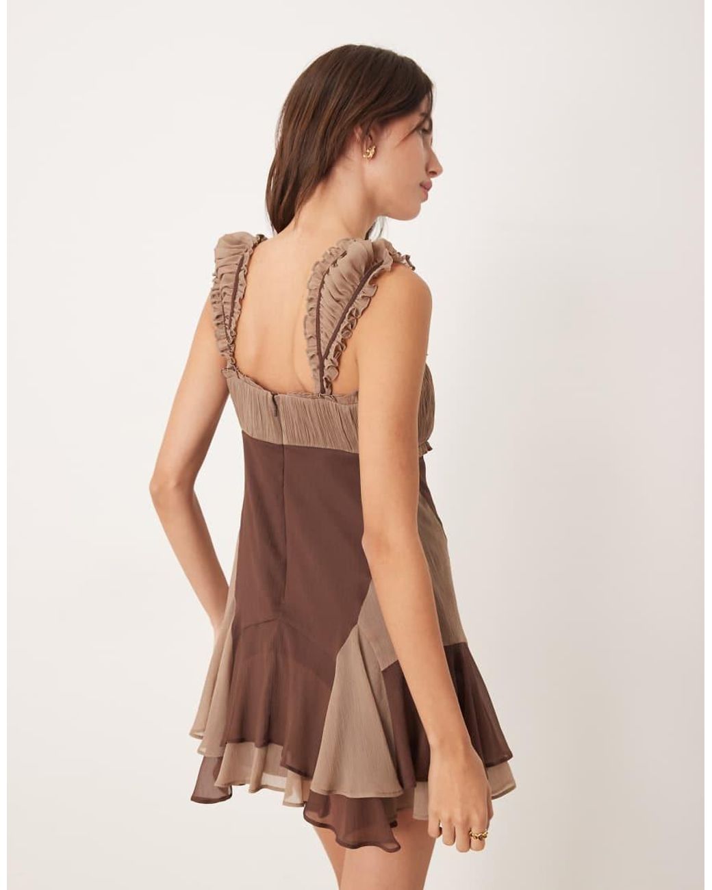ASOS Brown Cap Sleeve Contrast Ribbon Ruffle Hem Mini Dress