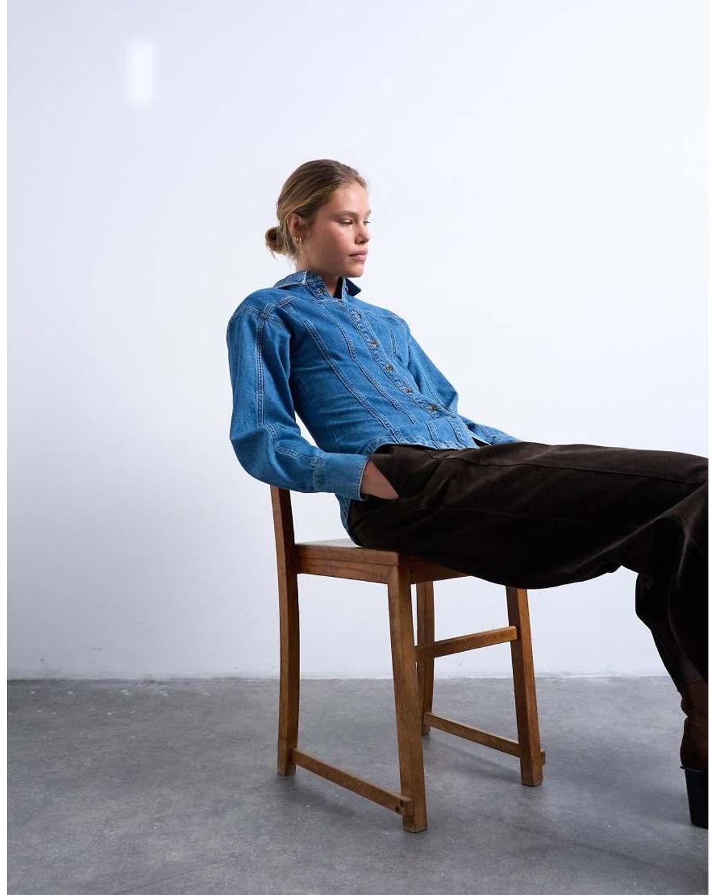 TOPSHOP Blue Denim Cinched Shirt With Seam Detail