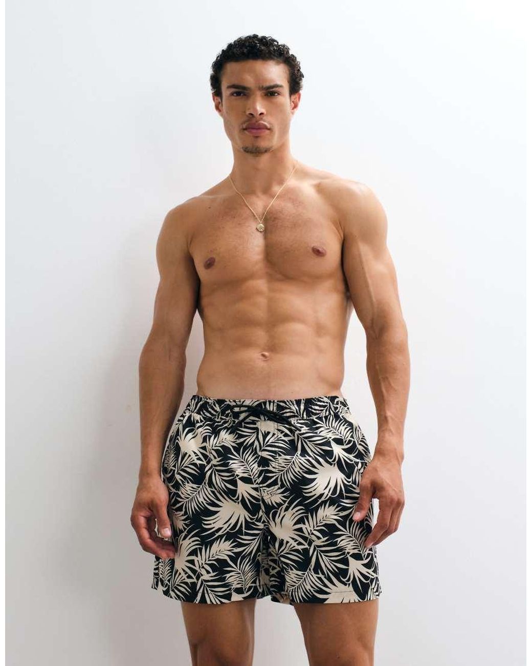 New Look Black Palm Print Swim Shorts for men