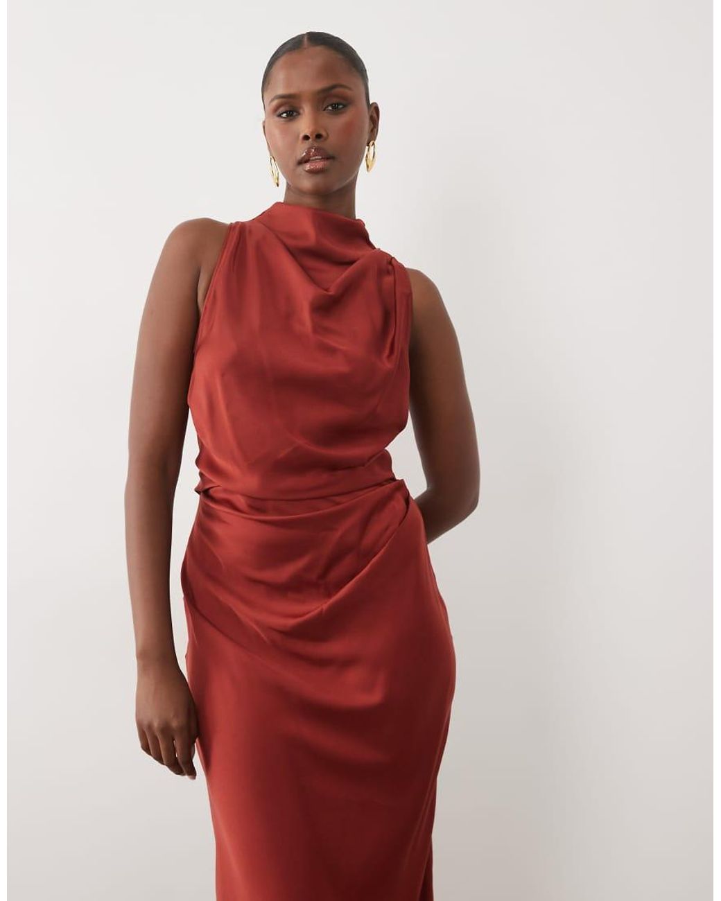 ASOS Pleated Gathered Bodice Satin Maxi Dress With High Neck