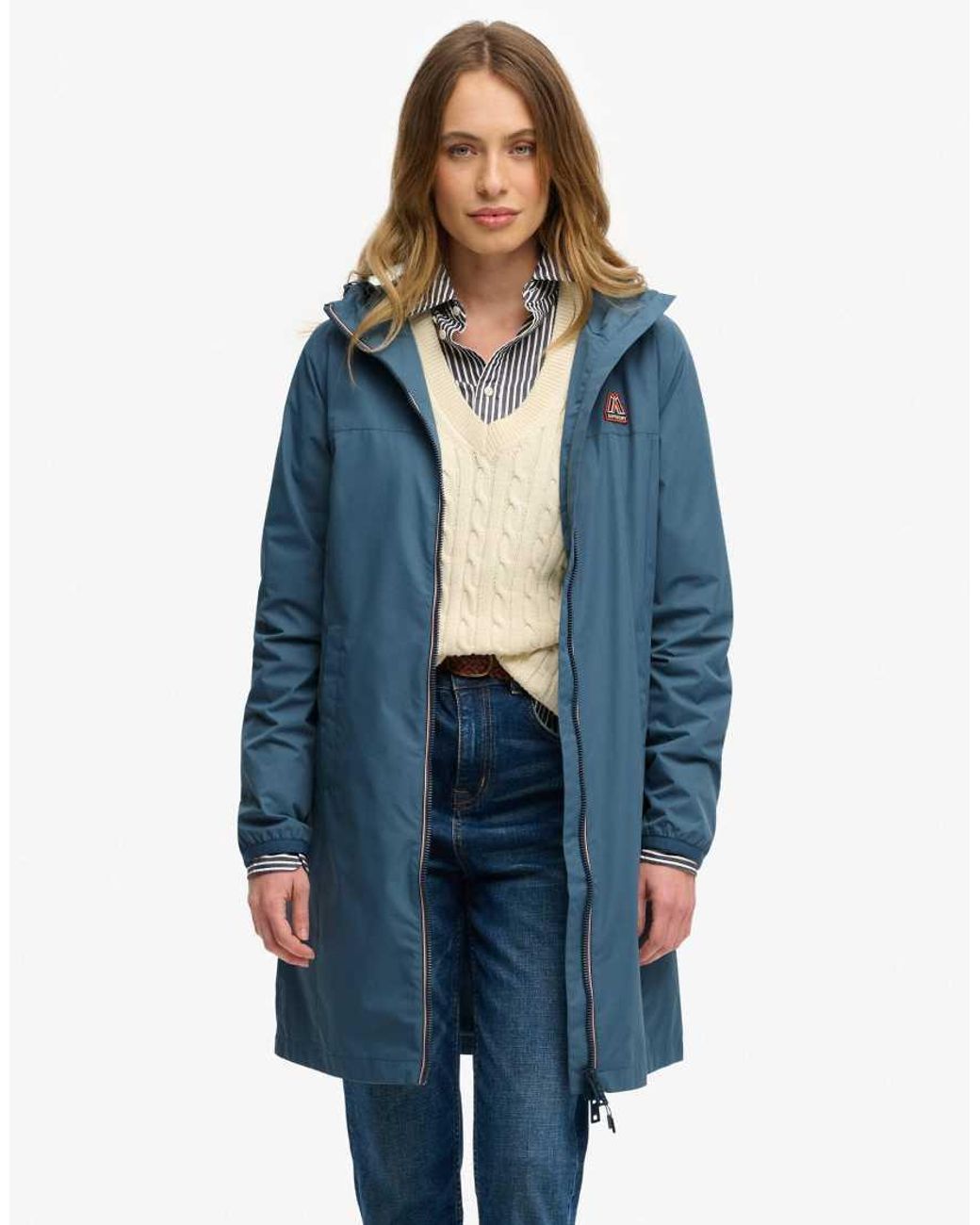 Superdry Blue Longline Tri Coloured Windbreaker Jacket