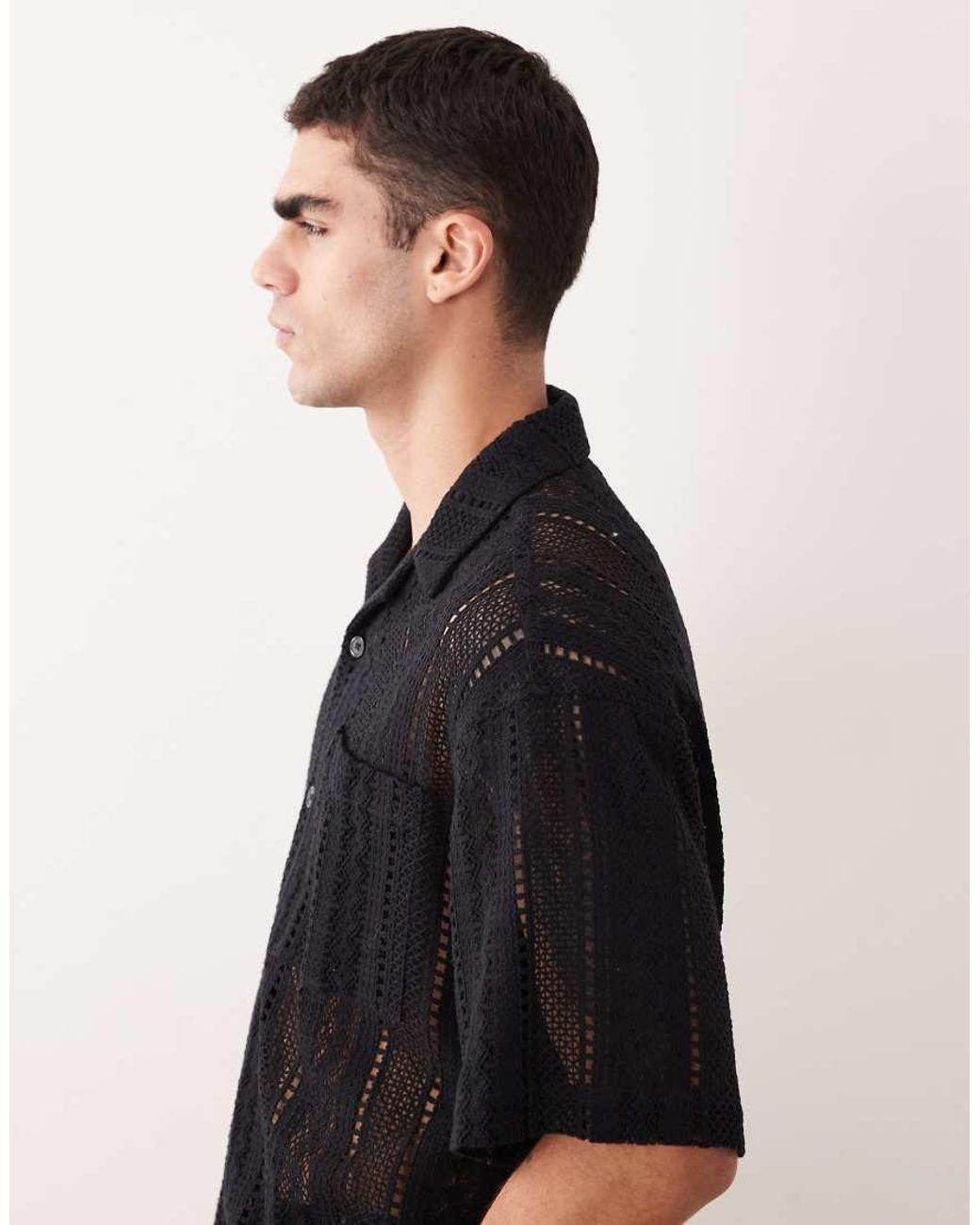 ASOS Black Oversized Crochet Revere Shirt for men