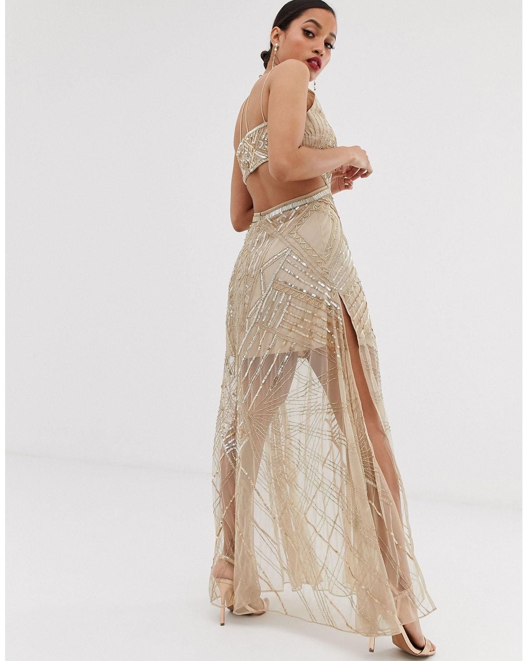 Blue Dress Petite Asos Dress ASOS Asos Design Petite Maxi Dress With  Geometric Embellishment And Sheer Panels In Metallic Lyst