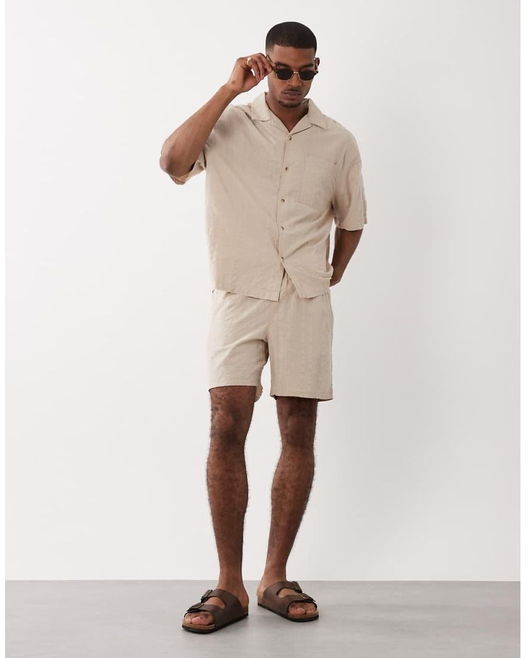 ASOS Natural Co-Ord Oversized Revere Seersucker Shirt for men