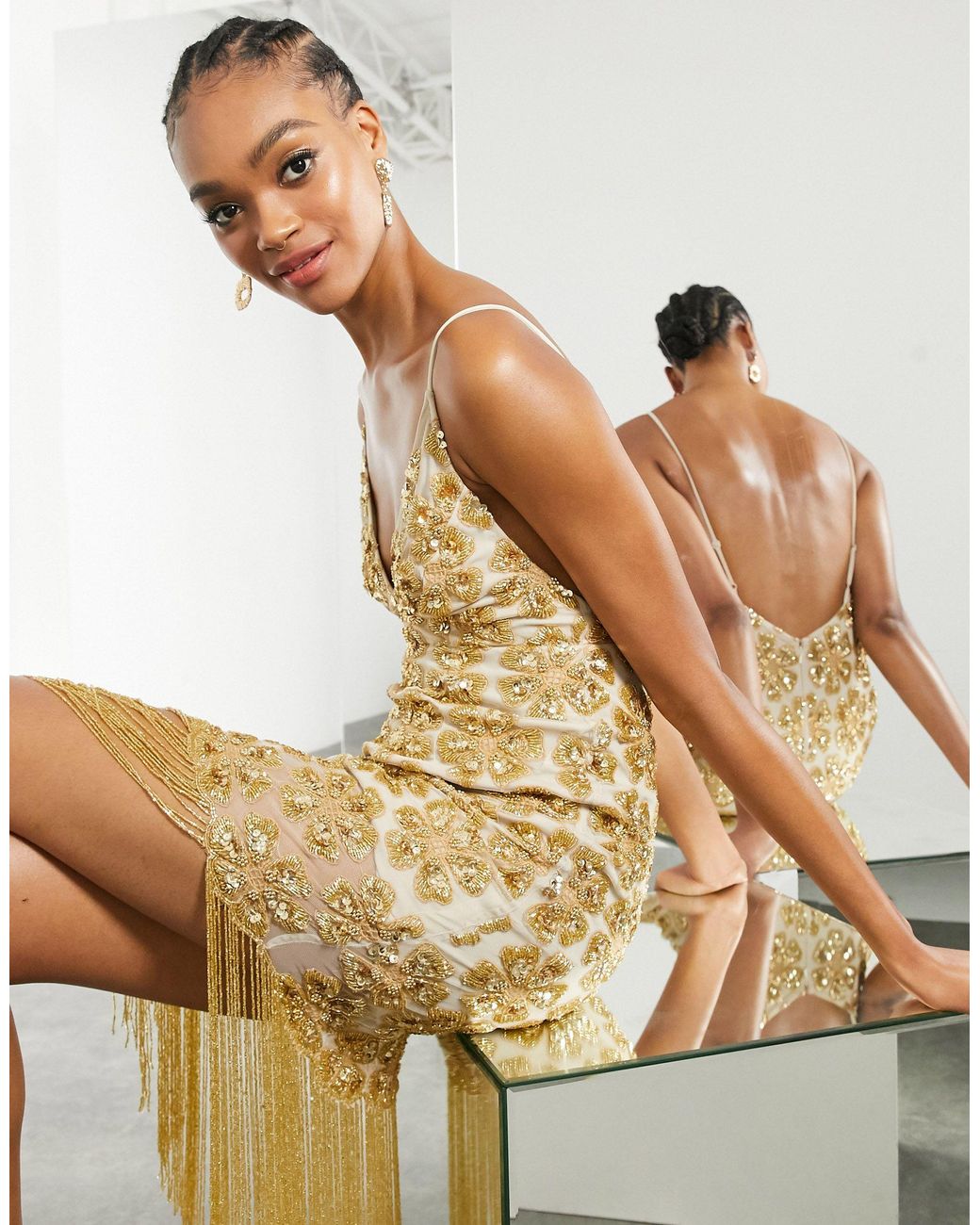 ASOS Halflange Cami jurk Met Bloemenprint Lovertjes En Franjes in het Metallic Lyst NL