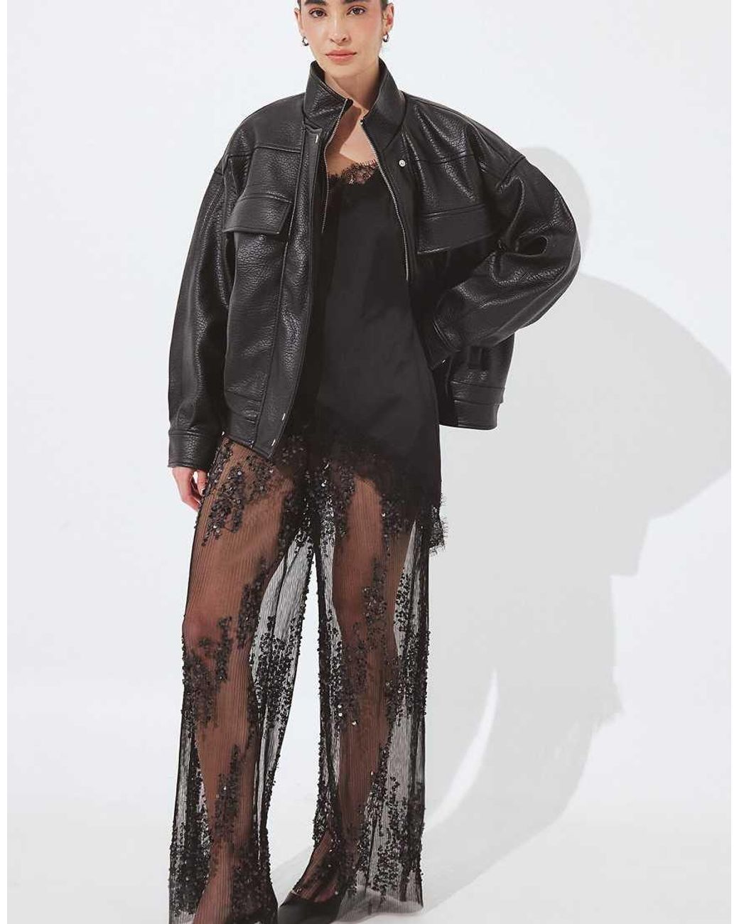 NA-KD Black Wide Pleated Sequins Trousers