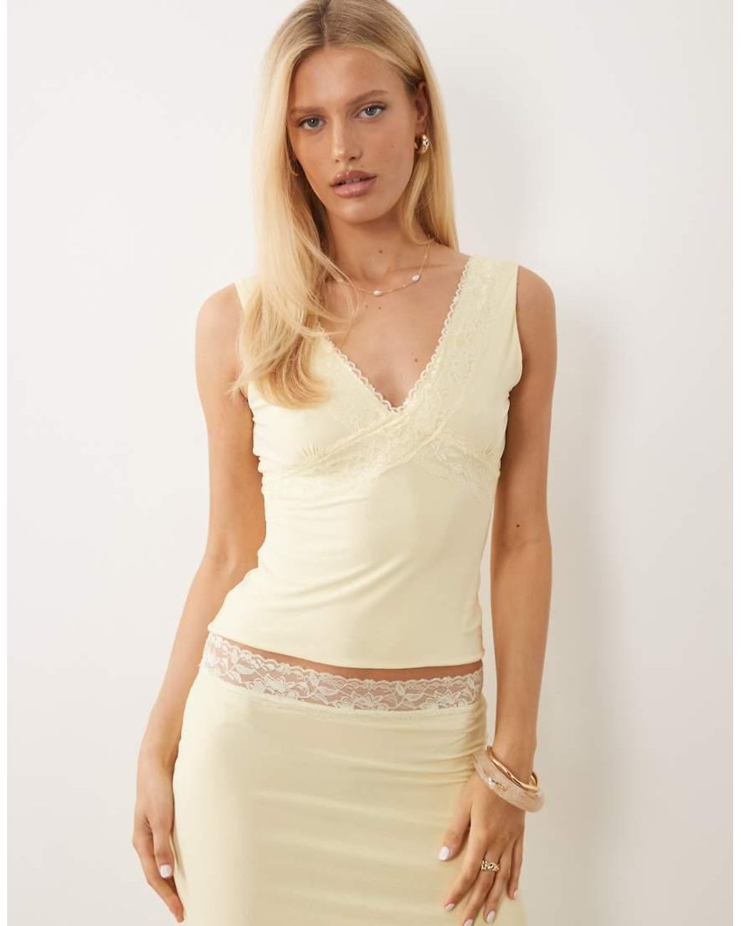 Fashionkilla Natural Exclusive Double Sculpted Slinky Lace Trim V Neck Vest Top Co-ord