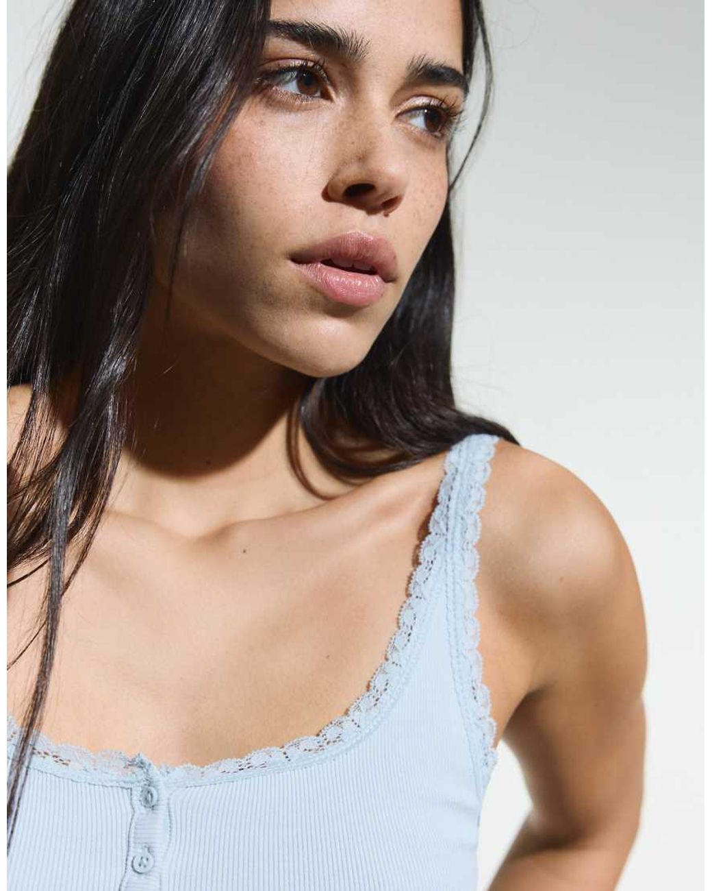Bershka White Lace Henley Strap Top