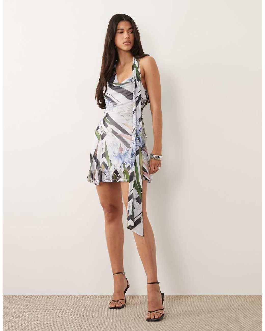 ASOS Natural Cowl Neck Mini Dress With Scarf Detail And Godets